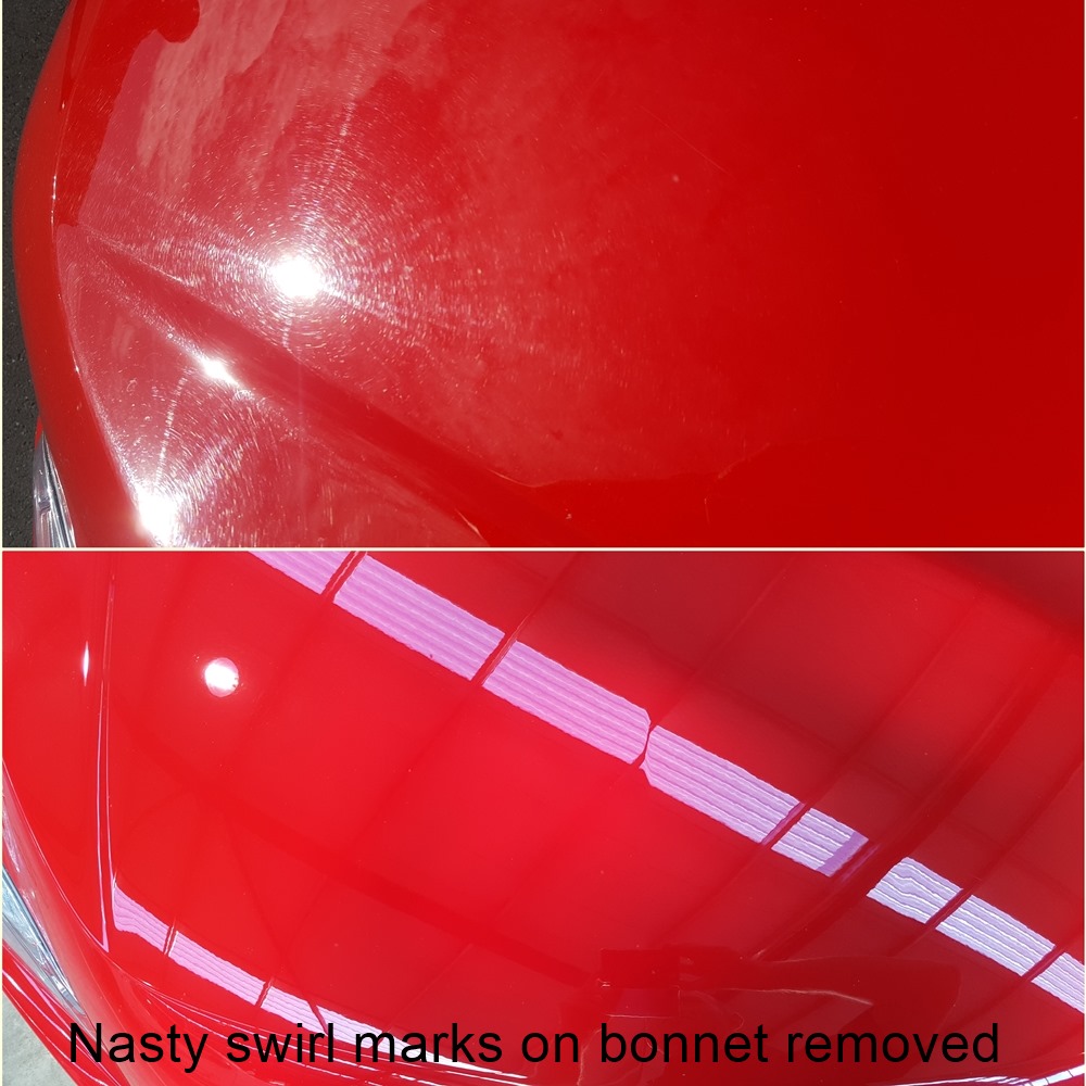 Red car bonnet before and after cut and polish